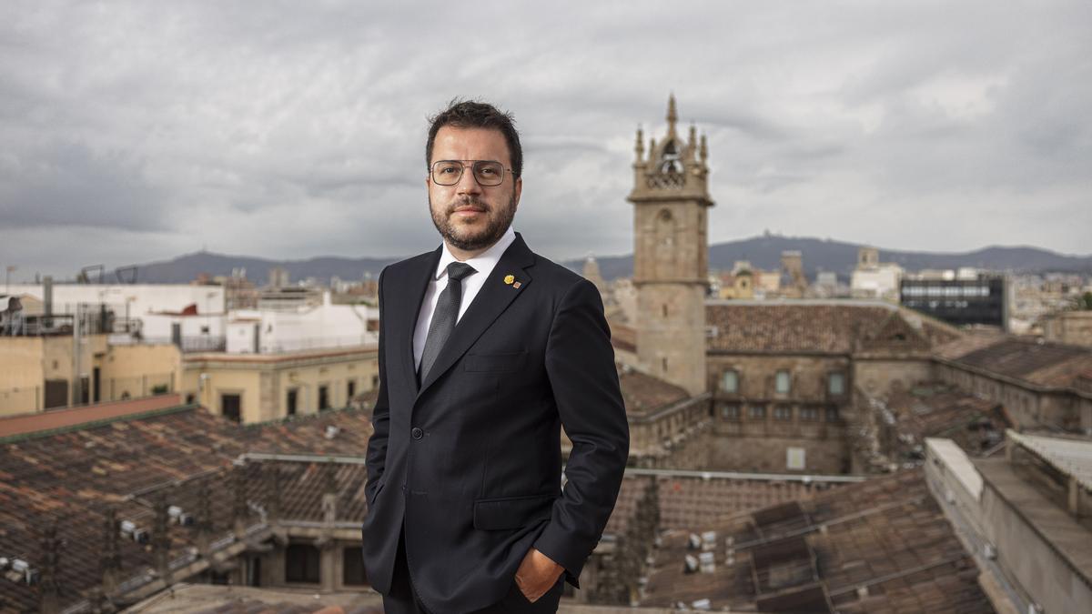 El president de la Generalitat, Pere Aragonès, al terrat del Palau de la Generalitat