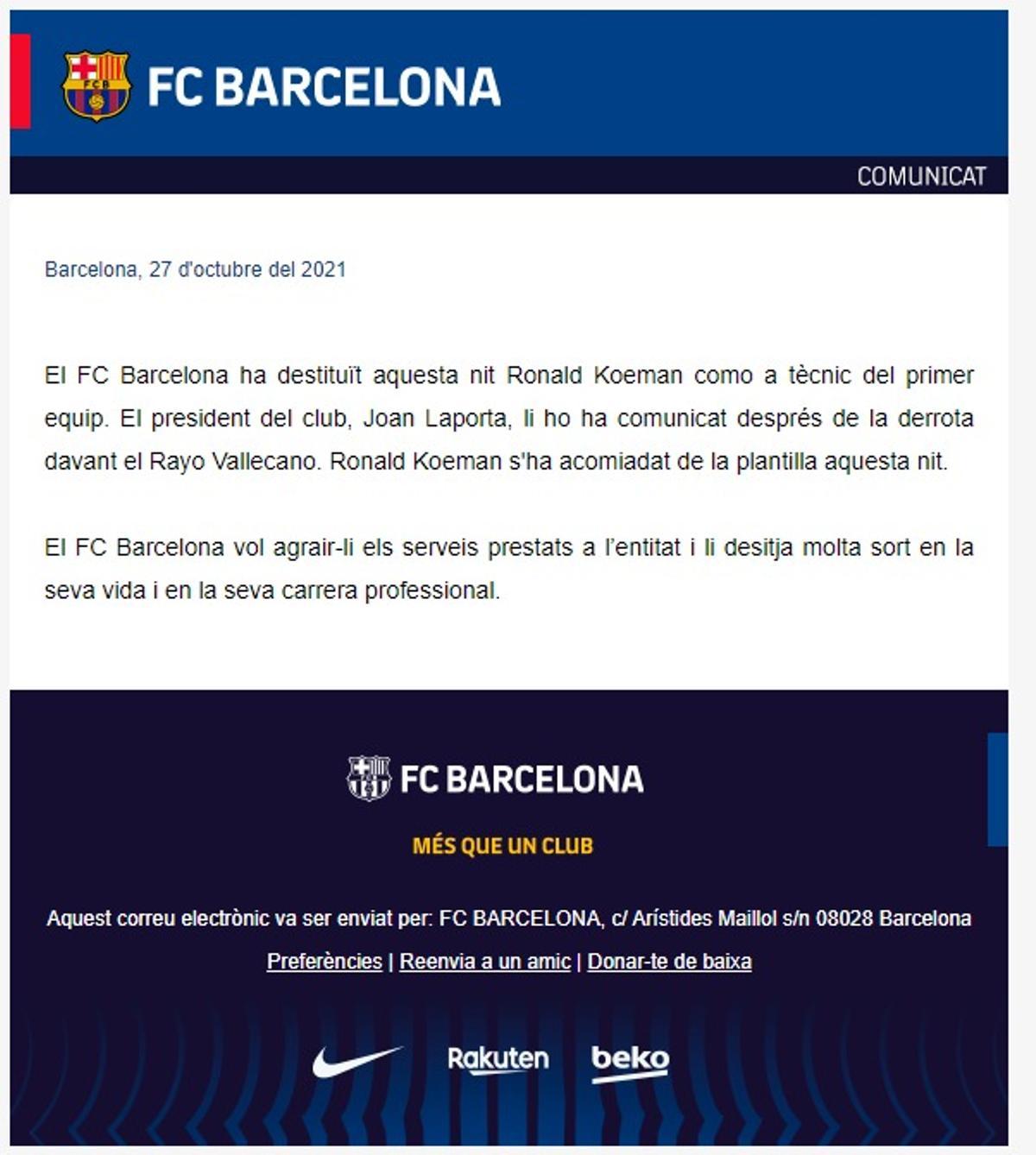 El comunicado oficial del FC Barcelona