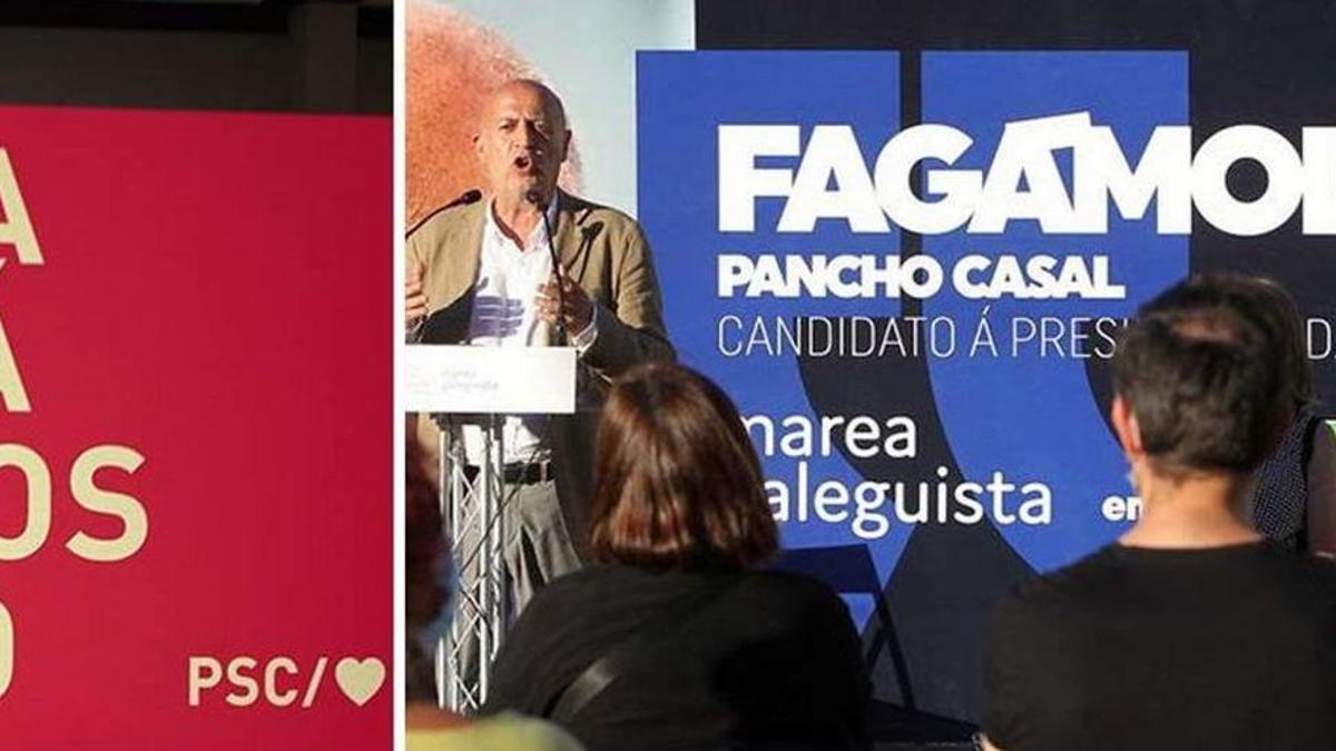 A la izquierda, el cartel de Illa; a la derecha, Pancho Casal durante un mitín. FDV