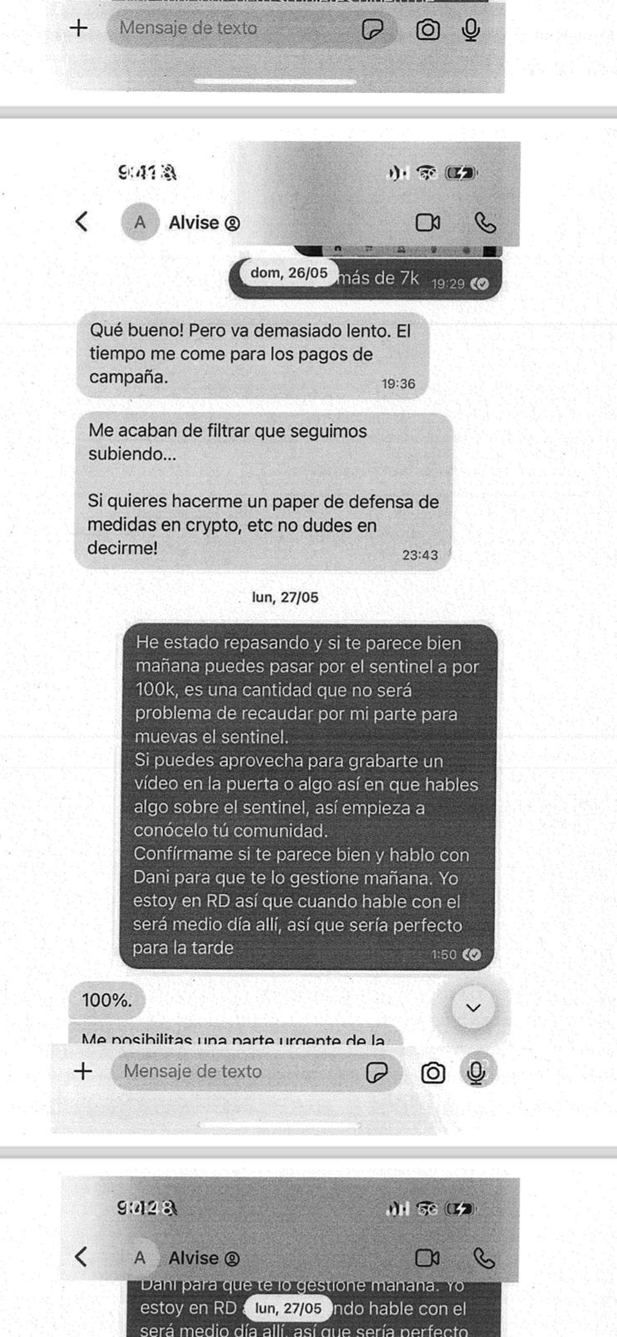 Intercambio de mensajes entre Alvise Pérez y Álvaro Romillo, conocido como Luis 'CryptoSpain'.