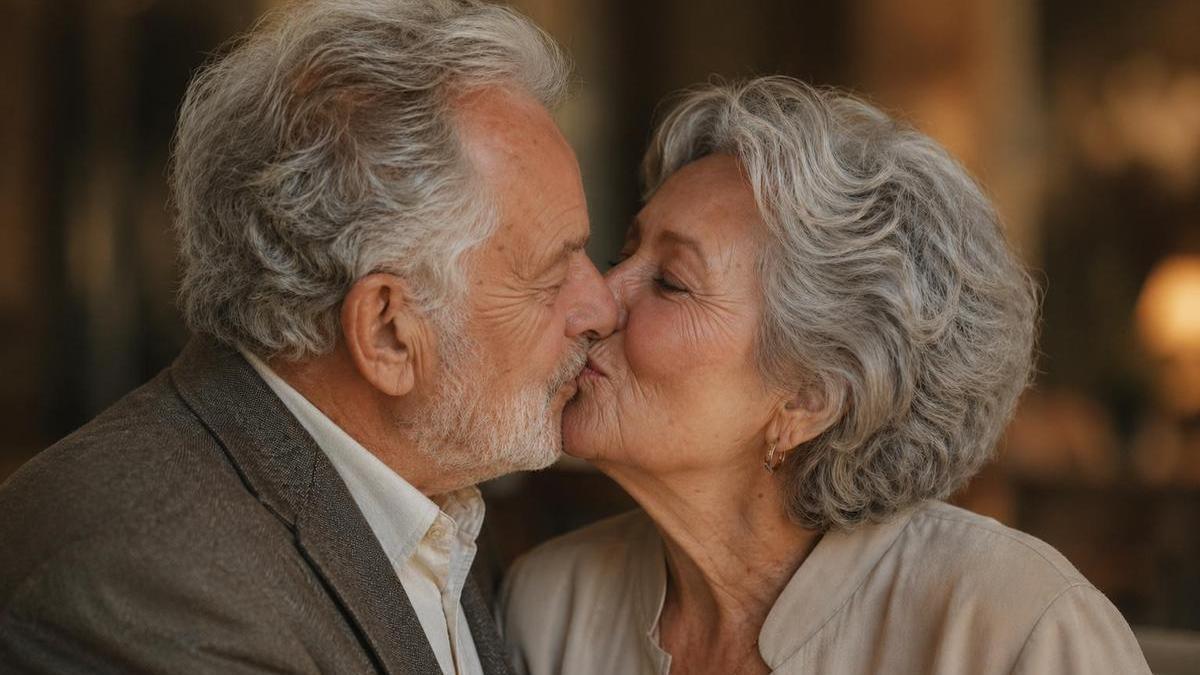 Una pareja mayor se funde en un tierno beso