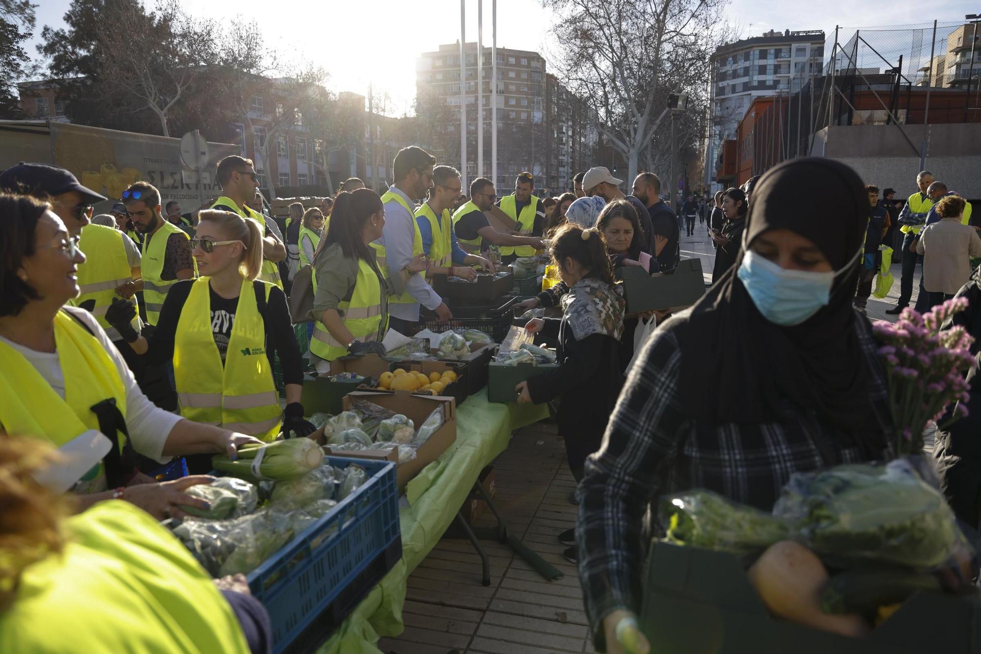 Las imágenes del plante de los agricultores frente a la Asamblea, donde han repartido frutas y hortalizas