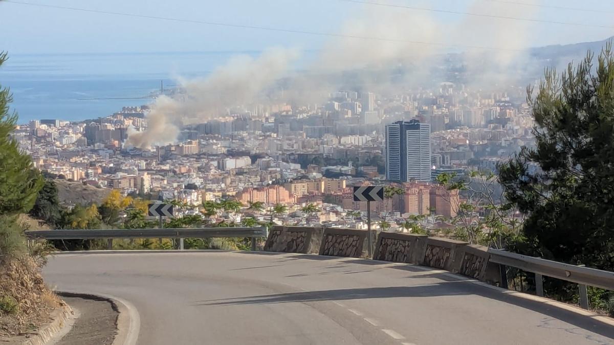 La columna de humo del incendio es visible desde la carretera de Los Montes.