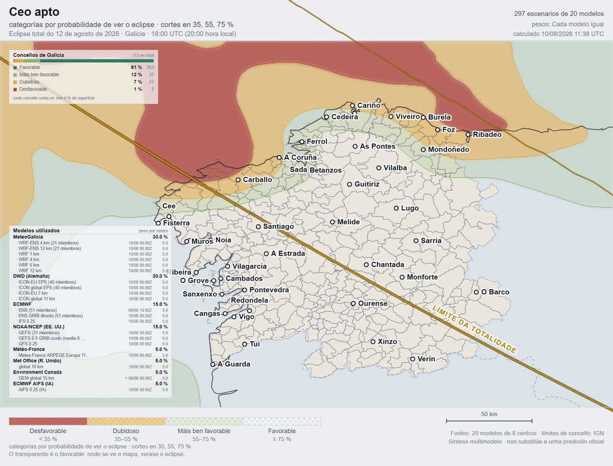 Mapa de visibilidad el día del eclipse elaborado por MeteoGalicia.