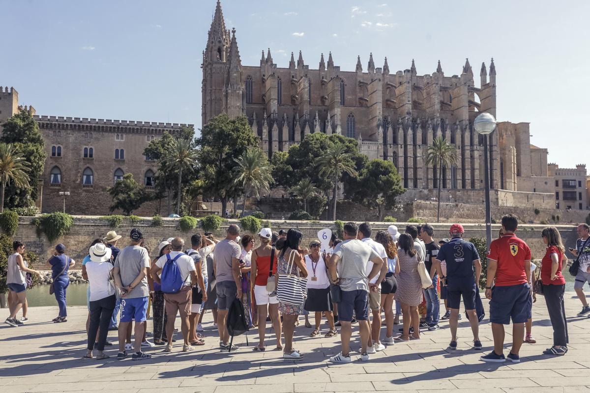 Un grupo de turistas en el Parc de la Mar de Palma.