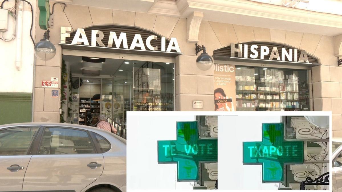 Un farmacéutico de Ceuta denuncia el jaqueo de su letrero con la frase 'Que te vote Txapote'