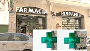 Farmacia Hispania de Ceuta, cuyo letrero ha sido alterado esta madrugada.