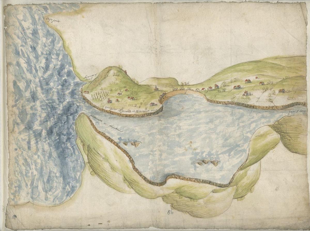 Mapa en el que se pueden ver las tres rías, A Coruña, abajo a la izquierda, Ares, a la derecha, y Ferrol, arriba, con los tres castillos. |  The National Archives