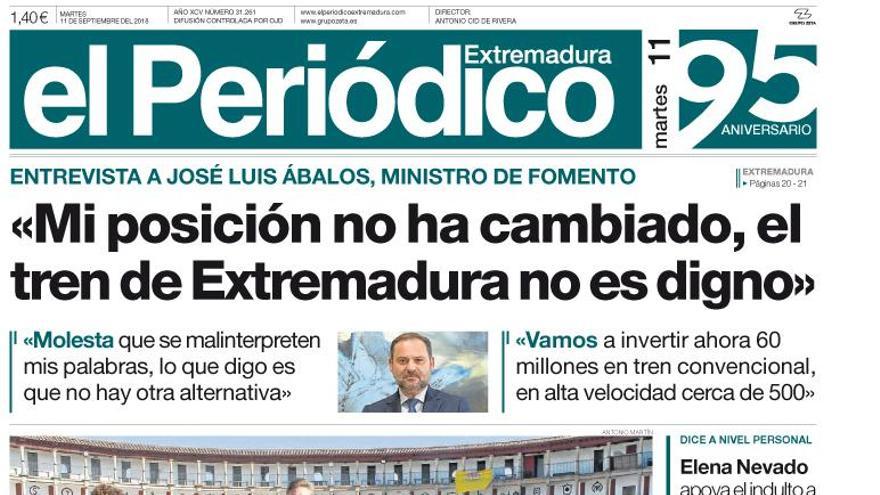 Esta es la portada de EL PERIÓDICO EXTREMADURA correspondiente al día 11 de septiembre del 2018