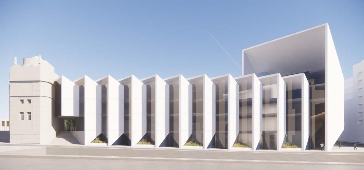 Recreación del lateral renovado del palacio del Vestit que da a la Gran Via, en Barcelona, con el portal en el chaflán de la calle Mèxic a la derecha.