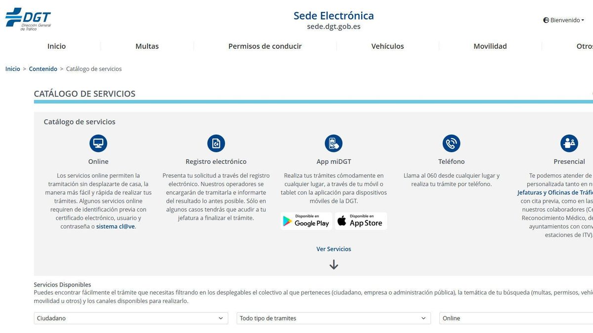 Página de inicio de la sede electrónica de la DGT.