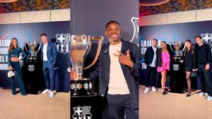 ¡Había ganas de Liga! Los jugadores del Barça posan en el photocall con el trofeo en la cena de celebración