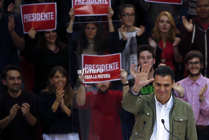 Socialist party (PSOE) leader Pedro Sanchez waves during a rally to kick off the election campaign for Spain's national election in Getafe, near Madrid