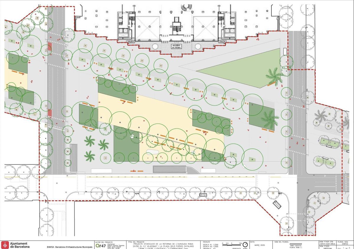 La gran plaza de la avenida de Roma entre Viladomat y Calàbria, según el proyecto municipal.