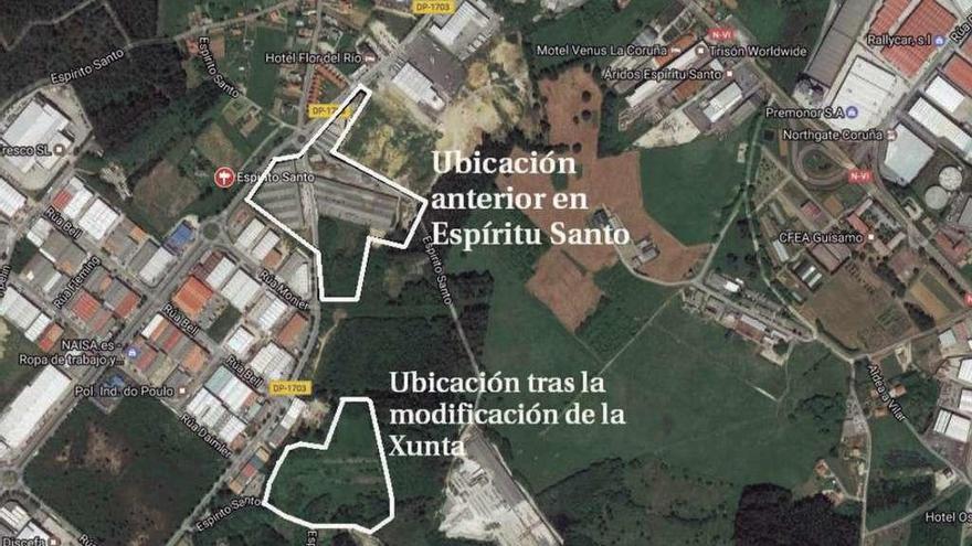Anterior ubicación del polígono y su rectificación en la modificación del plan de la Xunta.