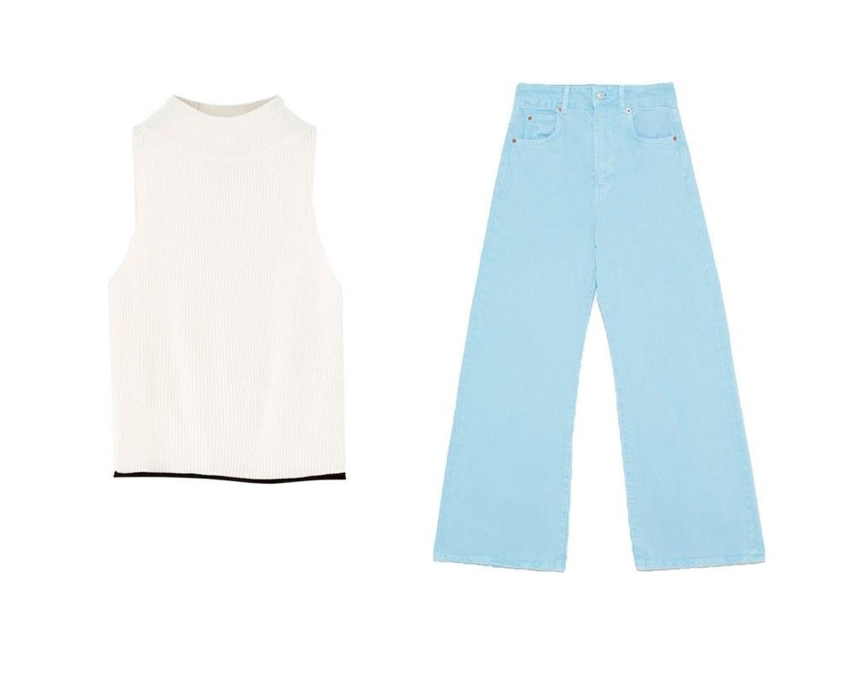 Pantalón azul de Zara (precio: 29,95 euros) y top blanco de Pull&amp;Bear (precio: 12.99 euros)