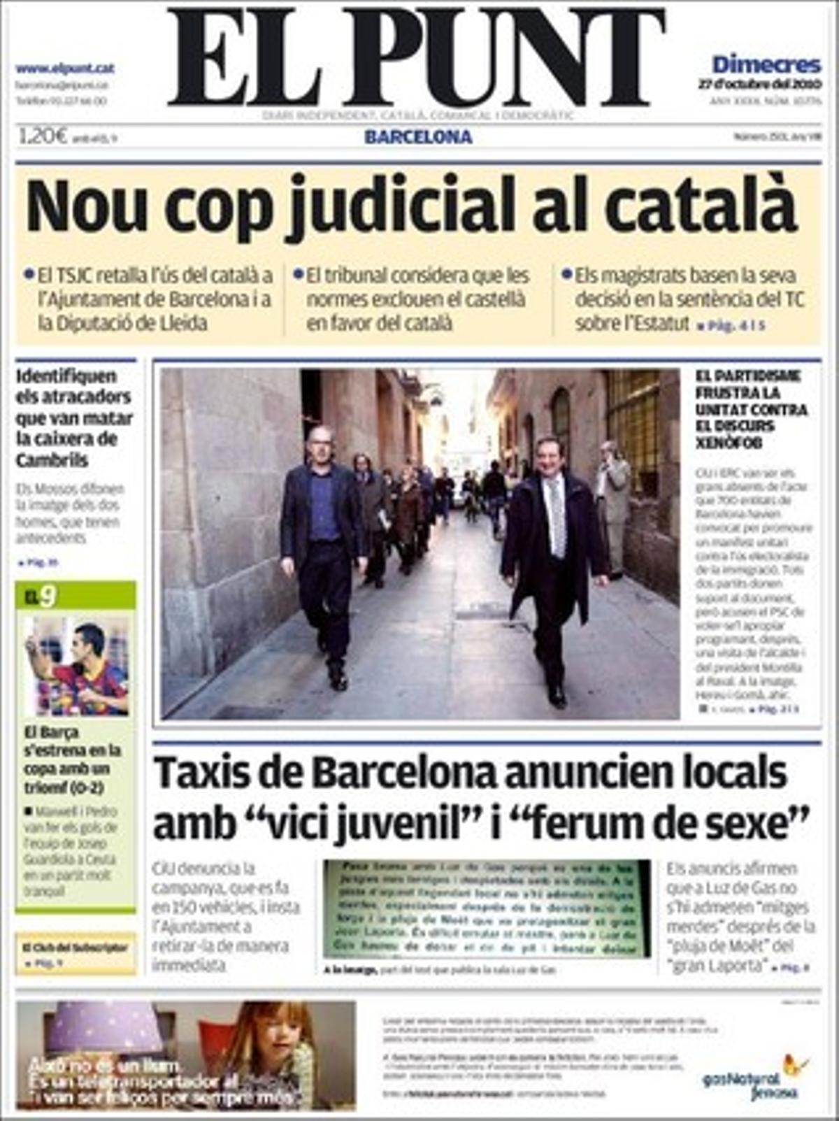 A les pàgines interiors ’El Punt’ també destaca que l’atenció domiciliària creix a la ciutat de Barcelona: ja atén 11.875 persones més grans de 65 anys i 63.000 via teleassistència. Explica a més que un crèdit de 25 milions finançarà obres municipals a l’Hospitalet; que baixa el nombre de passatgers als aeroports de Reus i Girona; que l’Ajuntament de Barcelona demanarà que la senyera onegi sempre a Montjuïc, i que un 20% de les espècies de vertebrats està amenaçada, segons la conferència mundial de biodiversitat de l’ONU.