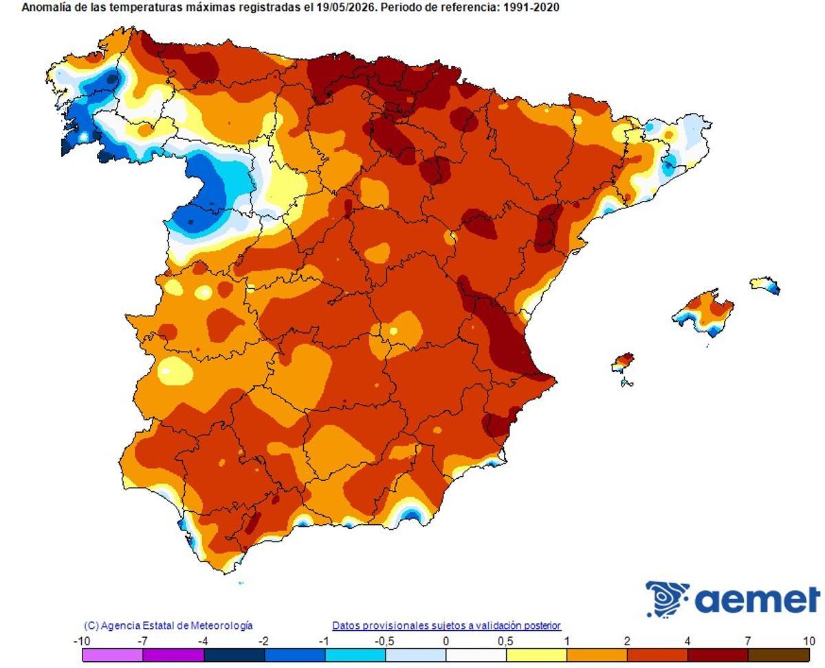 Anomalía de las temperaturas máximas en la jornada de ayer, en publicación de la Aemet.