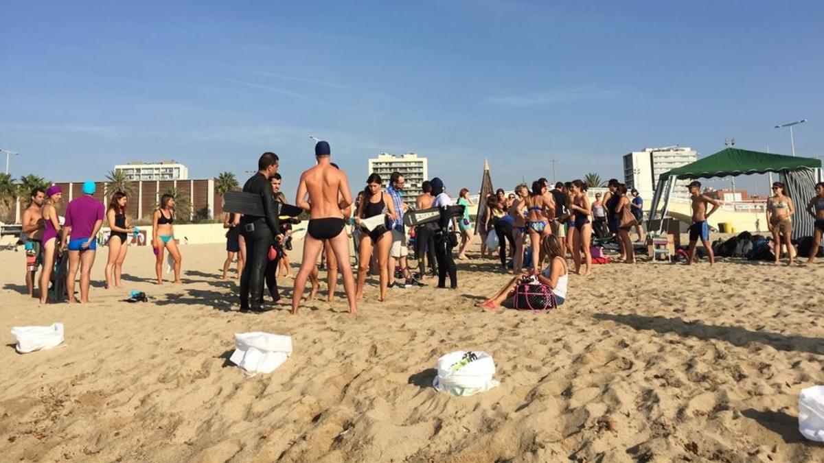 Los voluntarios durante la recogida de residuos del fondo mario de la playa de la Mar Bella.