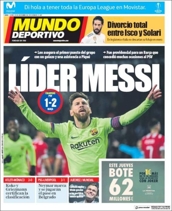 Portada MUNDO DEPORTIVO jueves 29 noviembre 2018