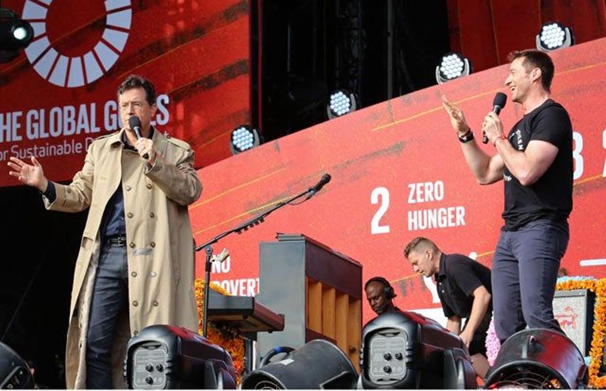 Stephen Colbert y Hugh Jackman, sobre el escenario del 2015 Global Citizen Festival