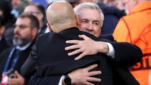 Pep Guardiola y Carlo Ancelotti, antes del partido