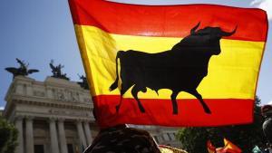 Una bandera frente al Ministerio de Agfricultura durante la manifestación de SOS Rural en Madrid el 14 de mayo.
