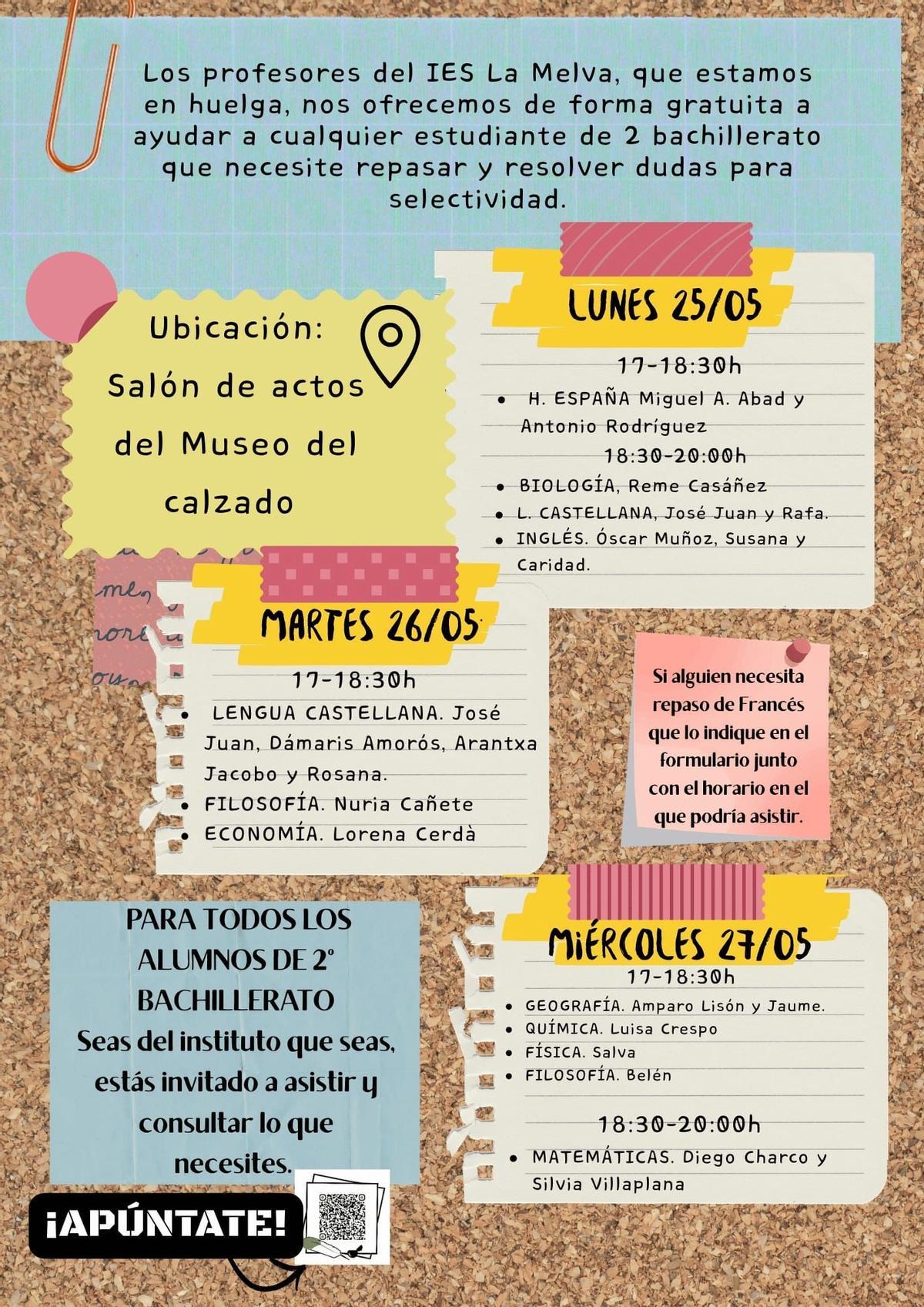 Cartel con los horarios de la iniciativa puesta en marcha por el profesorado del IES La Melva