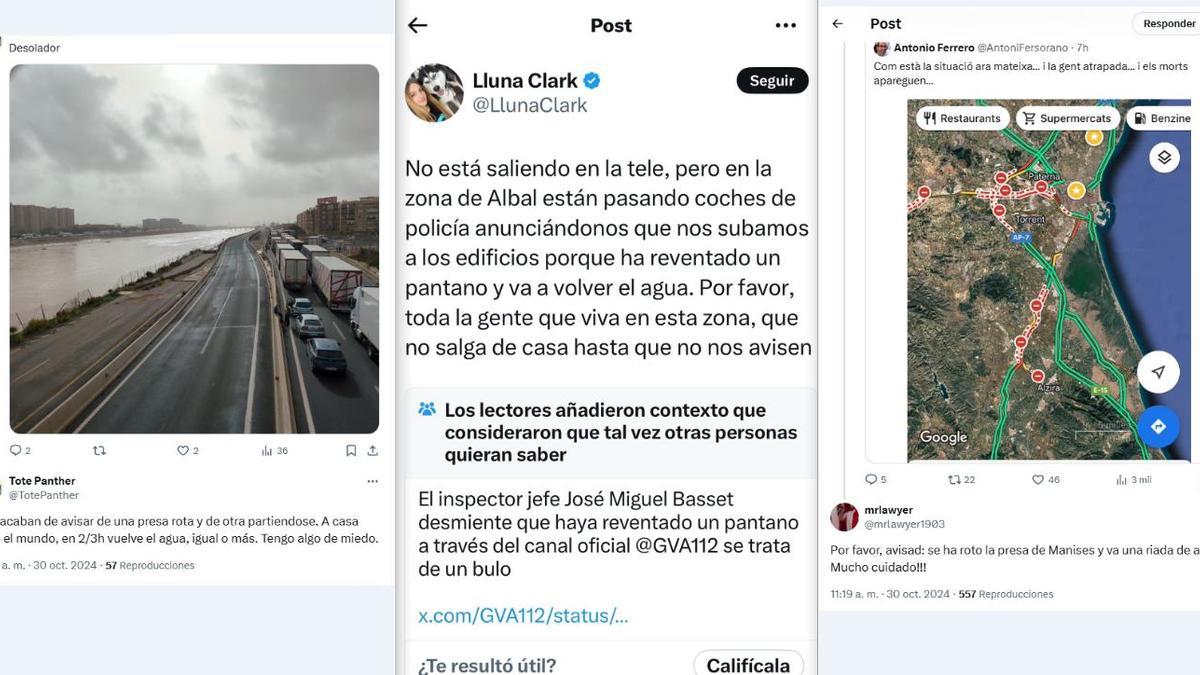 Diversos mensajes con contenido falso sobre la DANA que han circulado a lo largo de la jornada