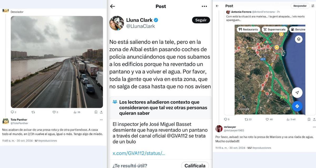 Diversos mensajes con contenido falso sobre la DANA que han circulado a lo largo de la jornada