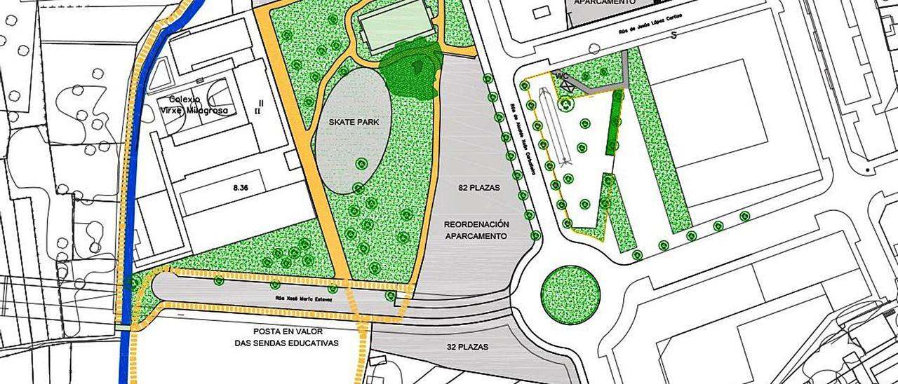 El plano con las actuaciones previstas en el entorno de las zonas verdes y jardines de As Lagoas, en Bueu. |
