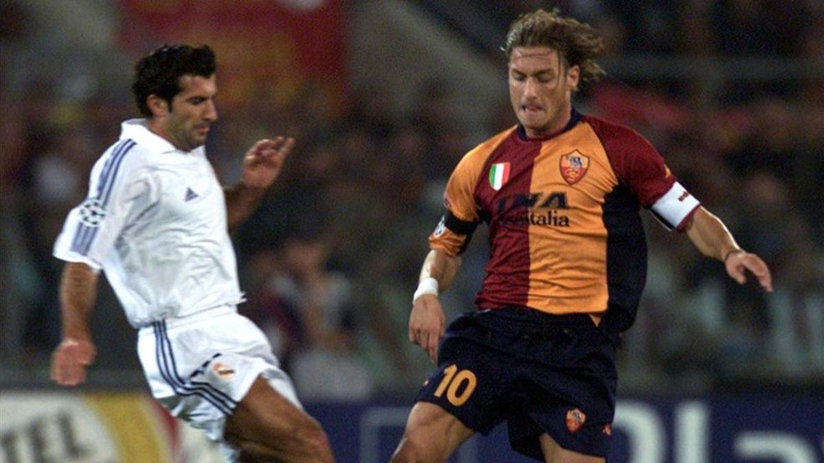 Figo frente a Totti, en un Real Madrid - Roma