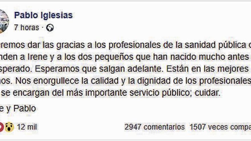 Publicación de Pablo Iglesias en su cuenta de Facebook.