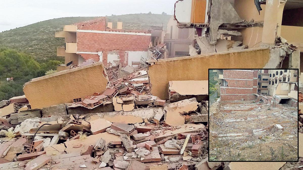 Imagen del antes y el después del derrumbe de un edificio en la urbanización Font Nova de Peñíscola el 25 de agosto de 2021.