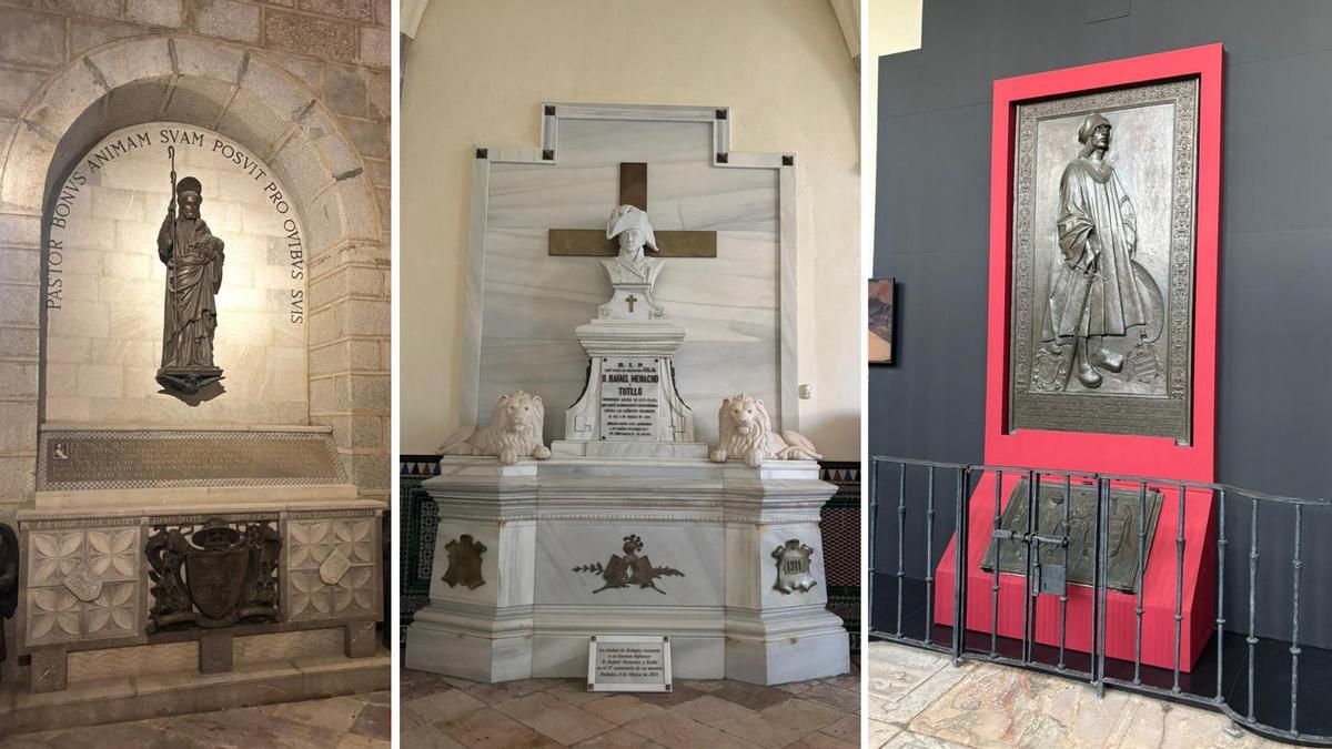 Tumbas de José María Alcaraz y Alenda, el General Menacho y la lauda de Lorenzo Suárez de Figueroa, todas en la Catedral de Badajoz.