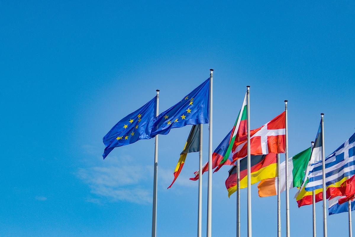 Bandera de la Unión Europea junto a la de países que la conforman