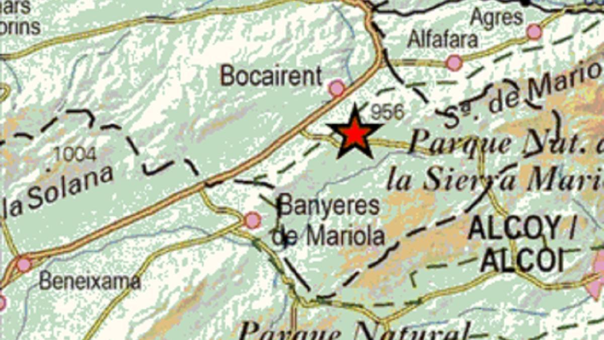 Mapa con el epicentro del terremoto registrado en Bocairent.