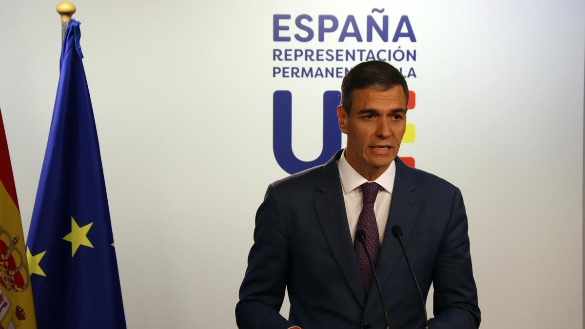 El president del govern espanyol, Pedro Sánchez, durant una roda de premsa a Brussel·les