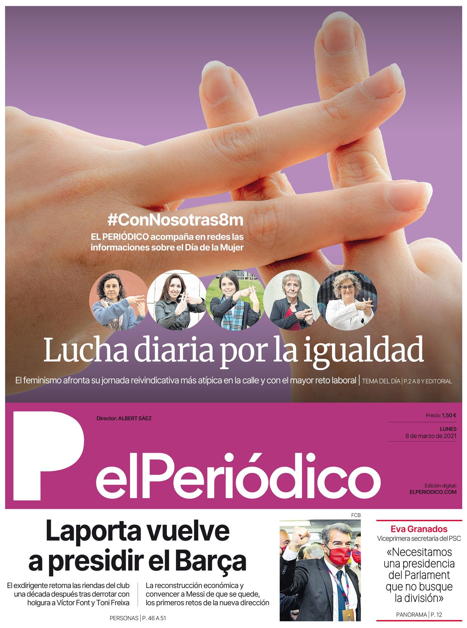 La portada de EL PERIÓDICO del 8 de marzo de 2021.