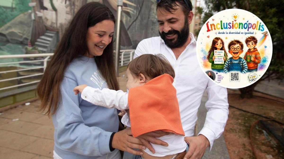 Bosco, con sus padres Jennifer y José Luis, en Ontinyent. A la derecha de la imagen, la portada del libro de cuentos.