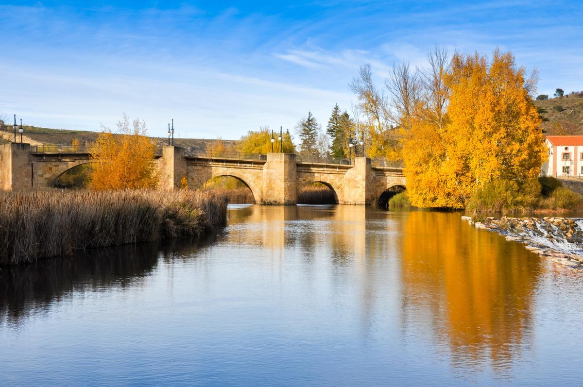 El puente de piedra medieval que cruza el río Duero