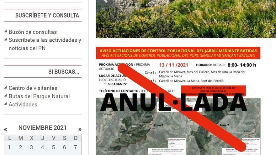 Imagen del cartel que anulaba la batida del 13 de noviembre, en la web del desert de les Palmes