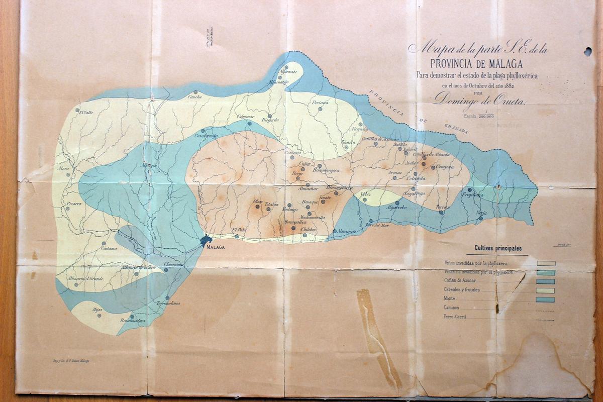 En 1882, Domingo de Orueta Aguirre realizó este mapa de la parte oriental de la provincia de Málaga para detallar el avance de la plaga de la filoxera (en rojo aparece el viñedo afectado por la plaga).