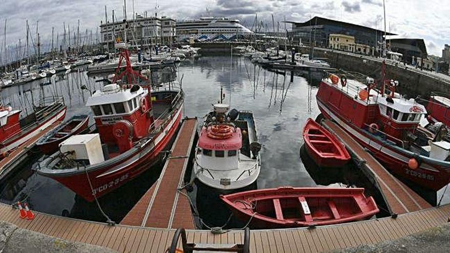 Parte de la flota artesanal coruñesa amarrada en la dársena de la Marina.