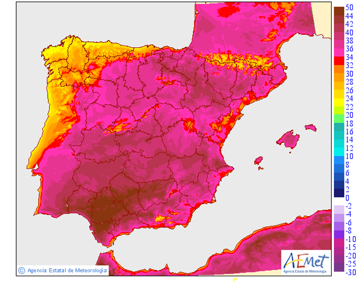 Mapa de temperaturas máximas para este domingo