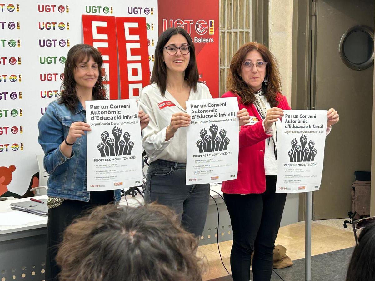 Sandra Serra, Azahar Tortonda y Pepa Ramis, este lunes en la sede de UGT.