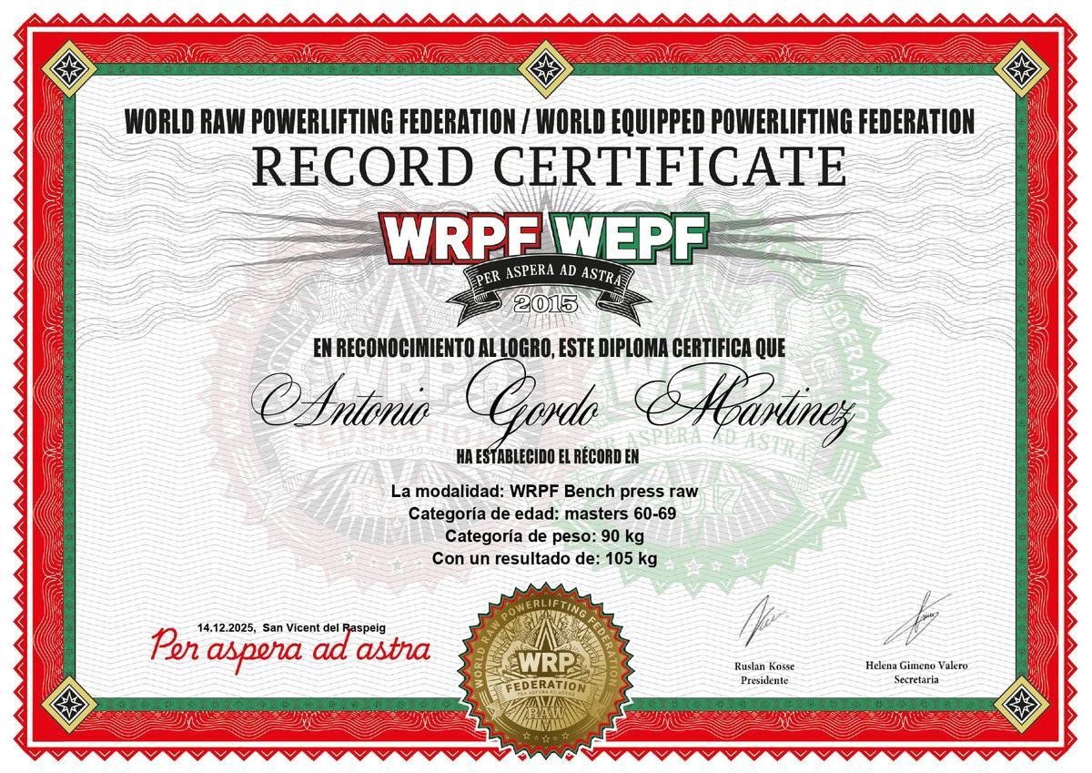 Toni Gordó, récord de España de la WRPF Spain en press de banca con 105kg.