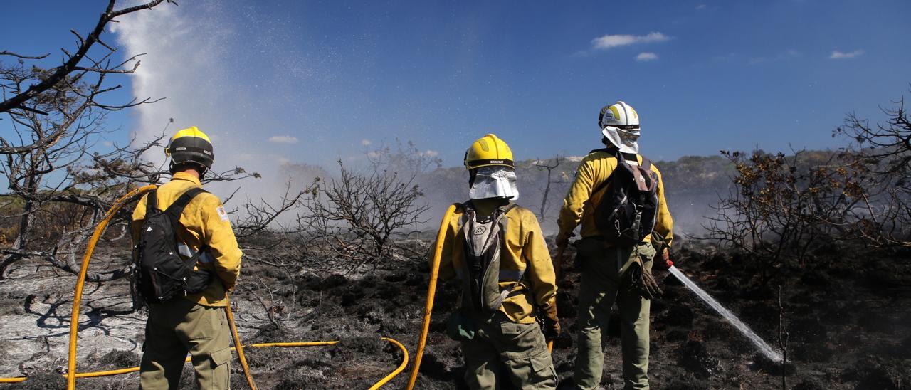 Labores de extinción del fuego el 14 de agosto de 2016 en s'Espalmador