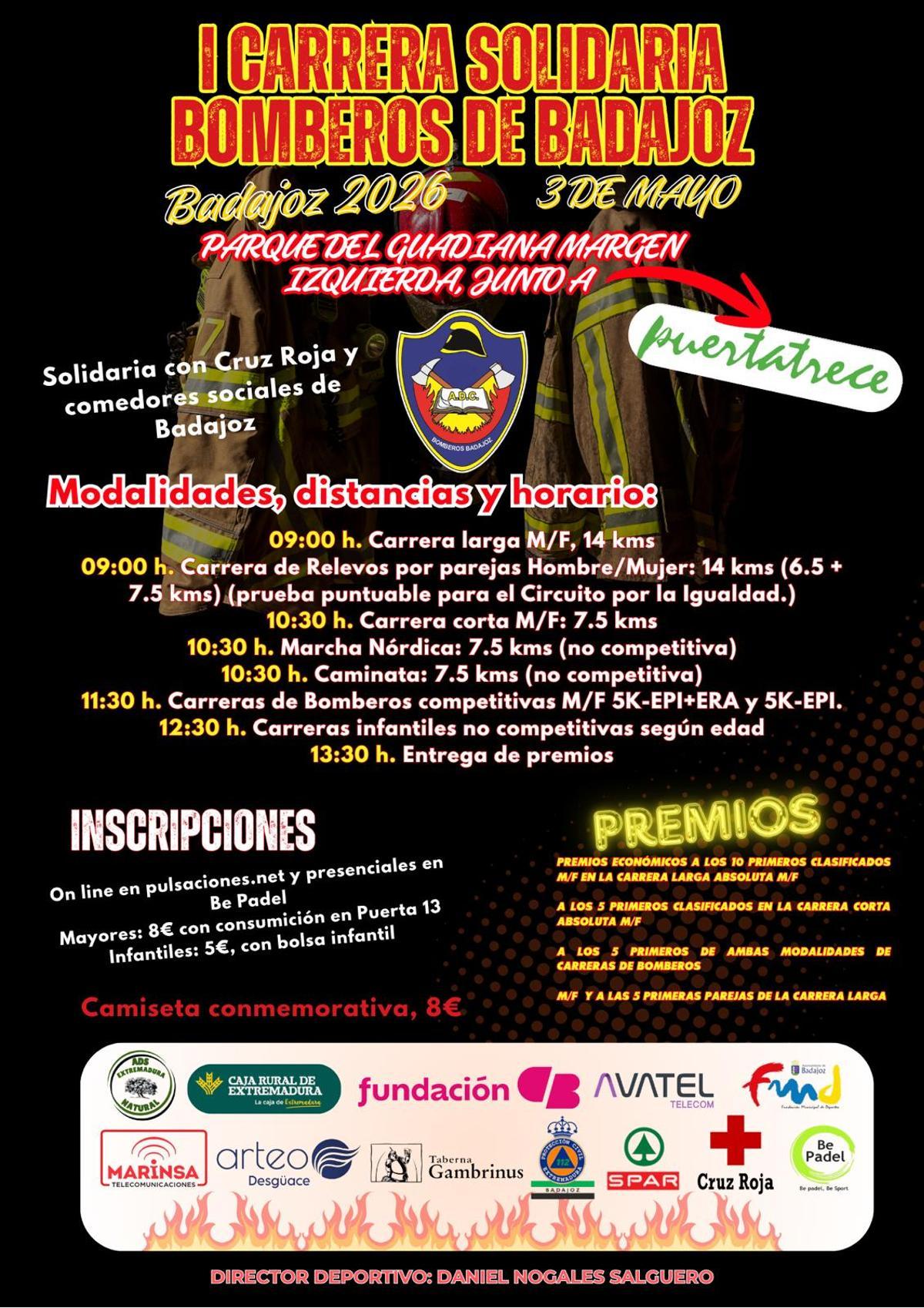 Cartel de la I Carrera Solidaria de los bomberos de Badajoz.