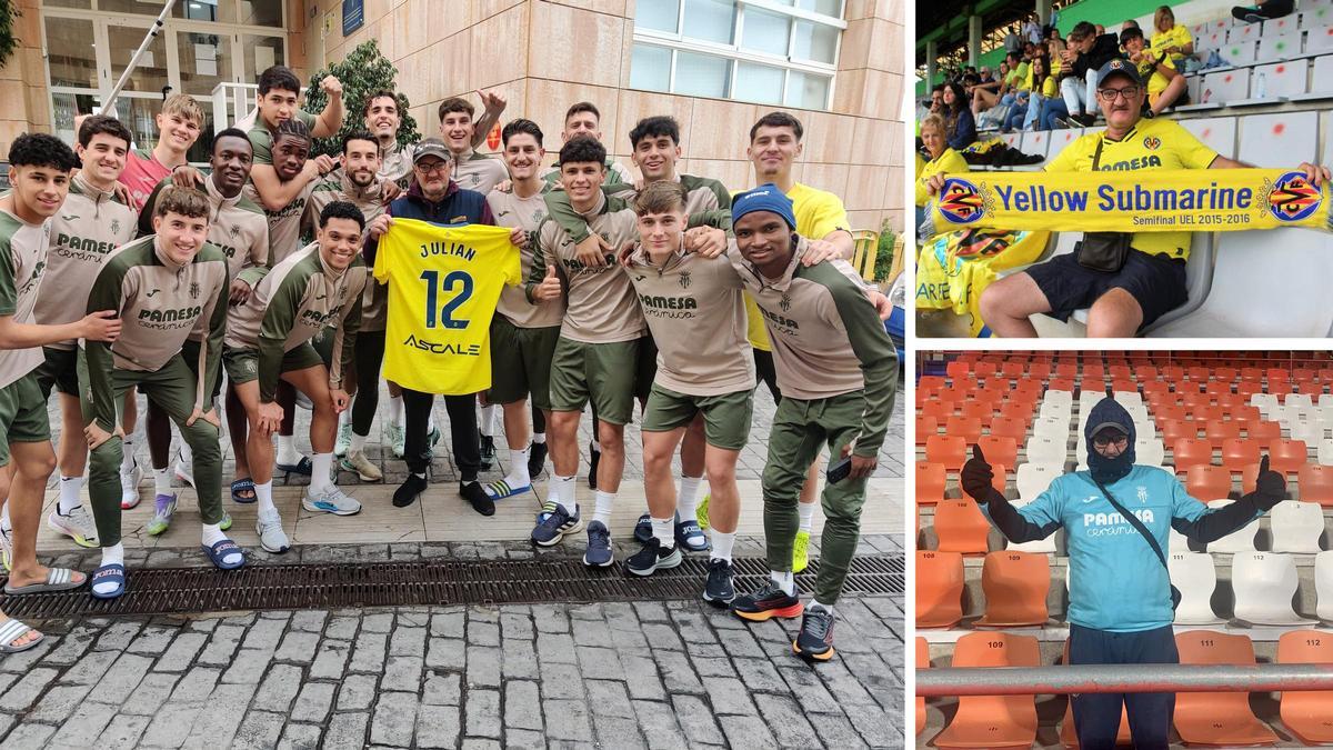 Julián, junto a los jugadores del Villarreal B y en varios viajes del filial.